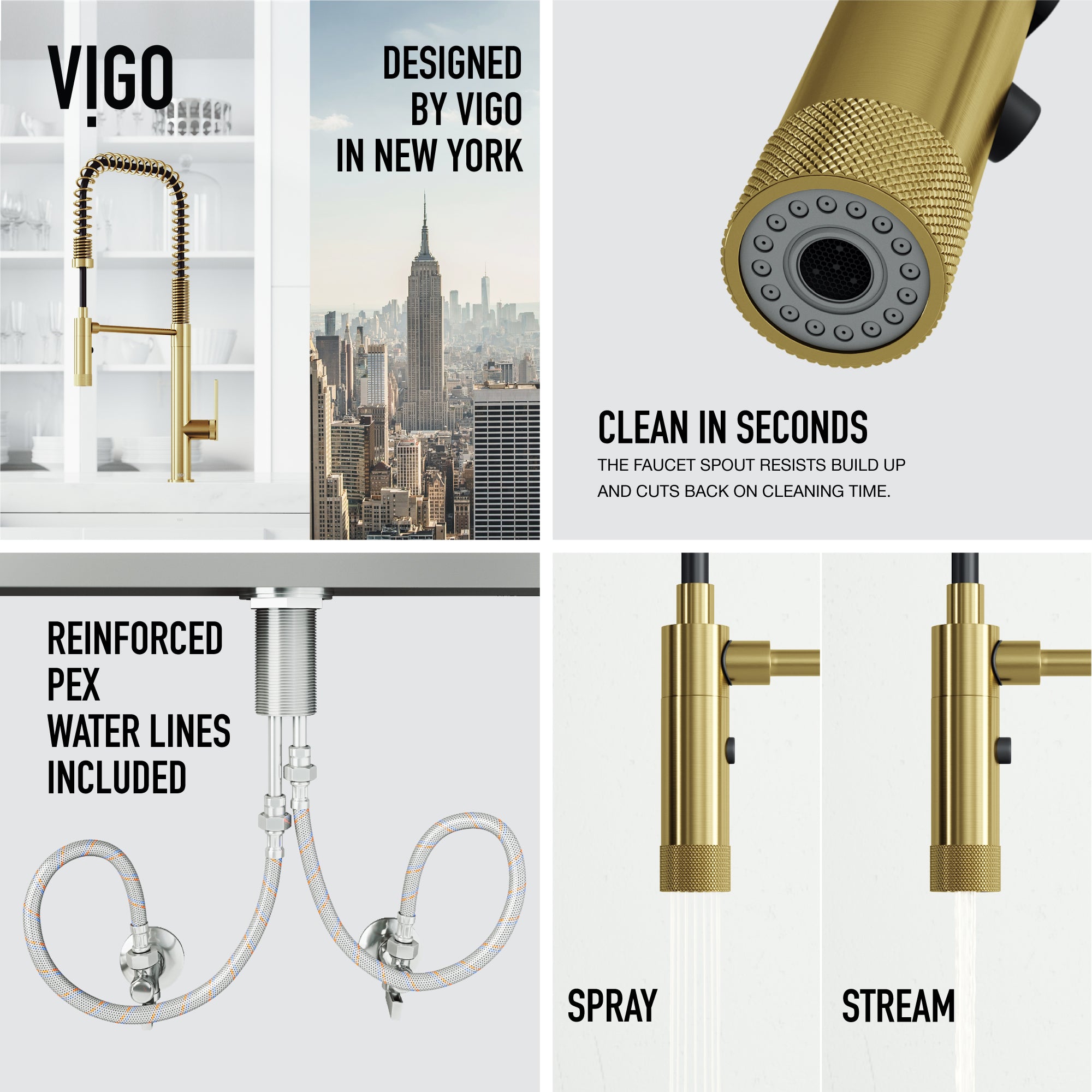 Water-efficient kitchen faucet with matte brushed gold finish and 23-inch height