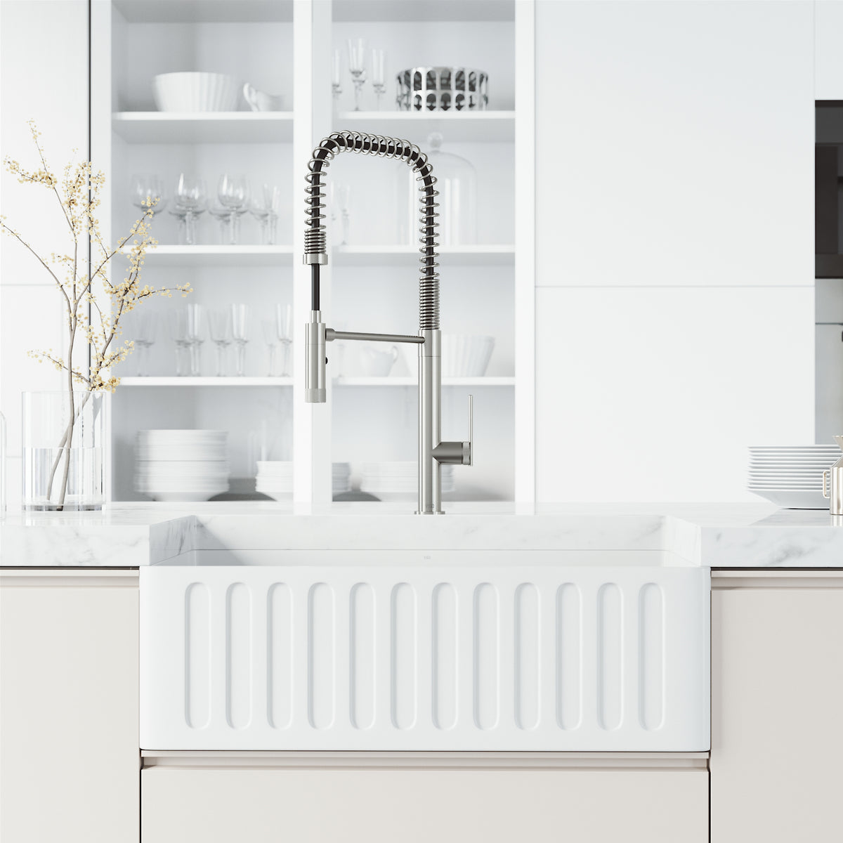 High-arc kitchen faucet with lever handle and spot-resistant surface