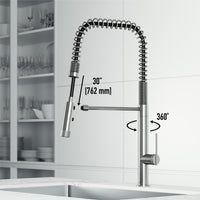 Kitchen faucet with stainless steel finish and 360-degree spout swivel