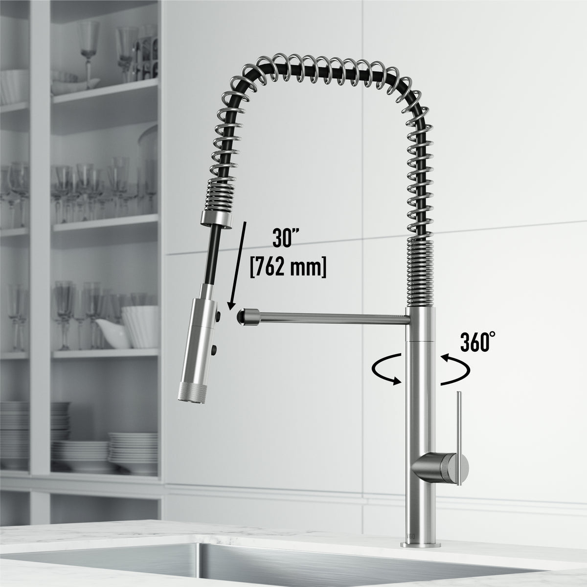 Kitchen faucet with stainless steel finish and 360-degree spout swivel