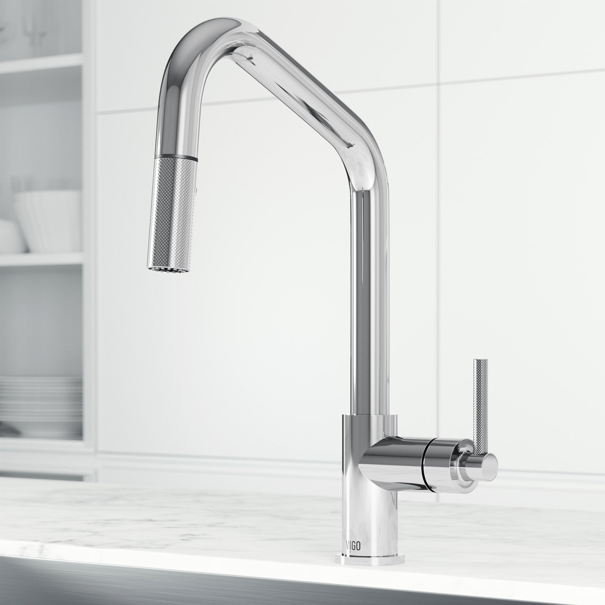 Chrome single handle kitchen faucet with pull-down sprayer and high-arc gooseneck spout