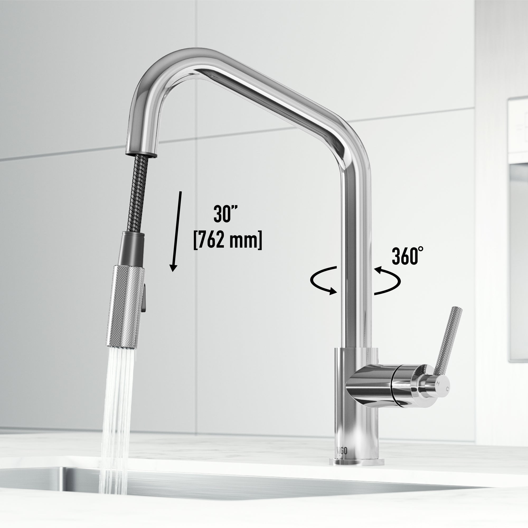Modern kitchen faucet with 15-inch assembled height and stainless steel finish