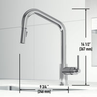 Pull-down kitchen faucet with lever handle and 360-degree spout swivel