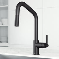 Matte black single handle kitchen faucet with pull-down sprayer and high-arc spout
