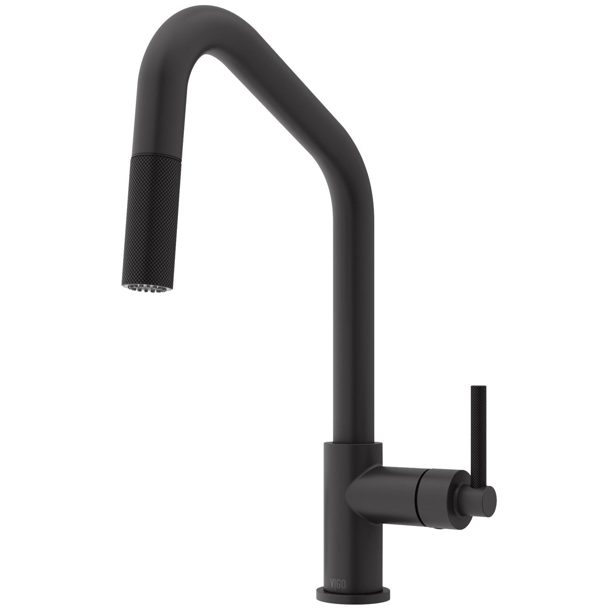 Matte black brass kitchen faucet with pre-rinse function and included mounting hardware