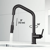 Modern kitchen faucet with 15-inch assembled height and matte black finish