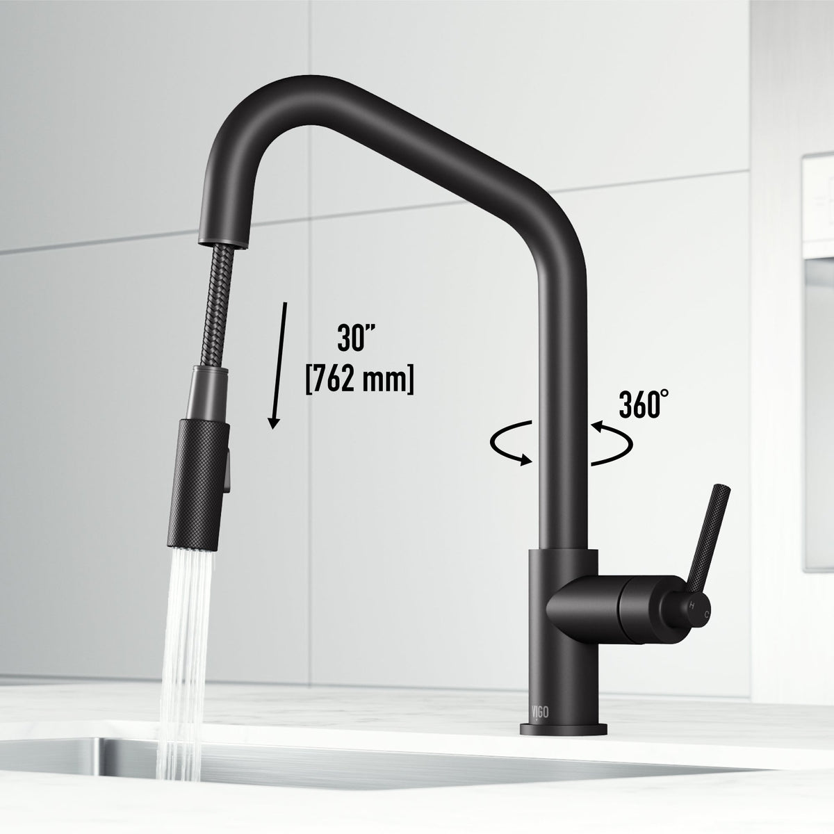 Modern kitchen faucet with 15-inch assembled height and matte black finish