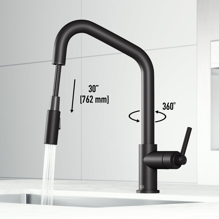 Modern kitchen faucet with 15-inch assembled height and matte black finish
