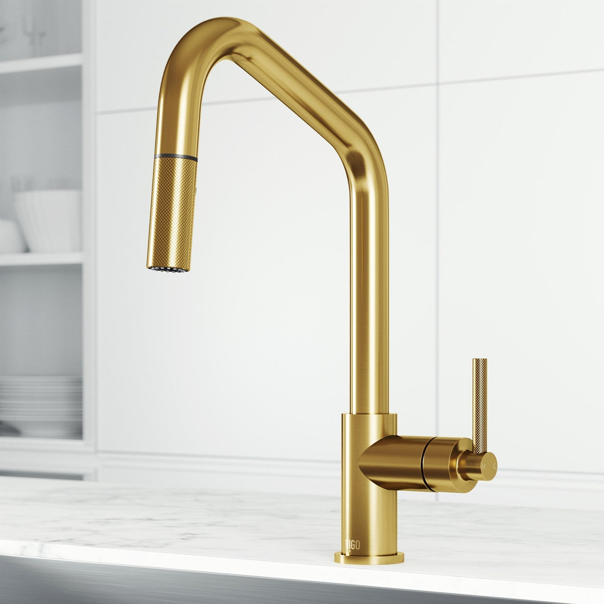Matte brushed gold single handle kitchen faucet with pull-down sprayer and high-arc spout
