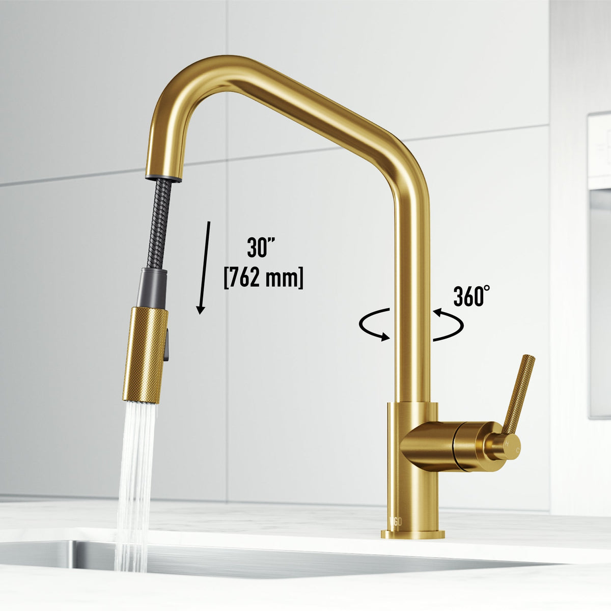 Modern kitchen faucet with 15-inch assembled height and matte brushed gold finish