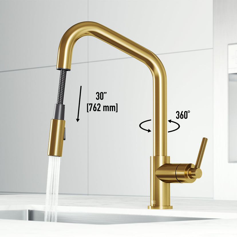 Modern kitchen faucet with 15-inch assembled height and matte brushed gold finish
