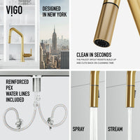 Matte brushed gold finish kitchen faucet with sprayer docking station and high-arc design