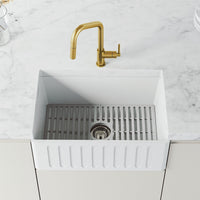Water-efficient single handle faucet with spot-resistant matte brushed gold finish