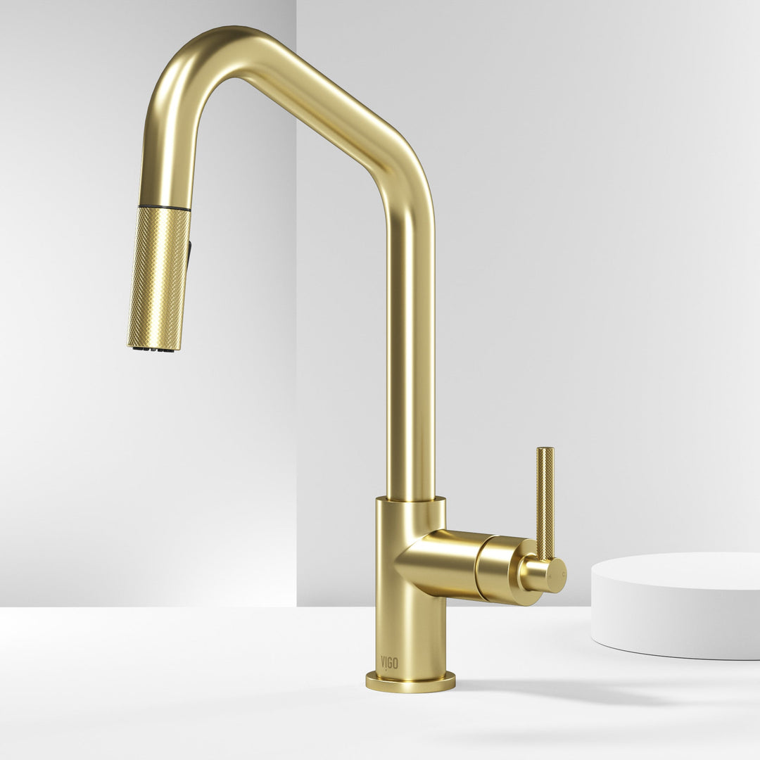 Matte brushed gold kitchen faucet with pre-rinse and compression connection type