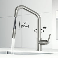 Modern kitchen faucet with 15-inch assembled height and stainless steel finish