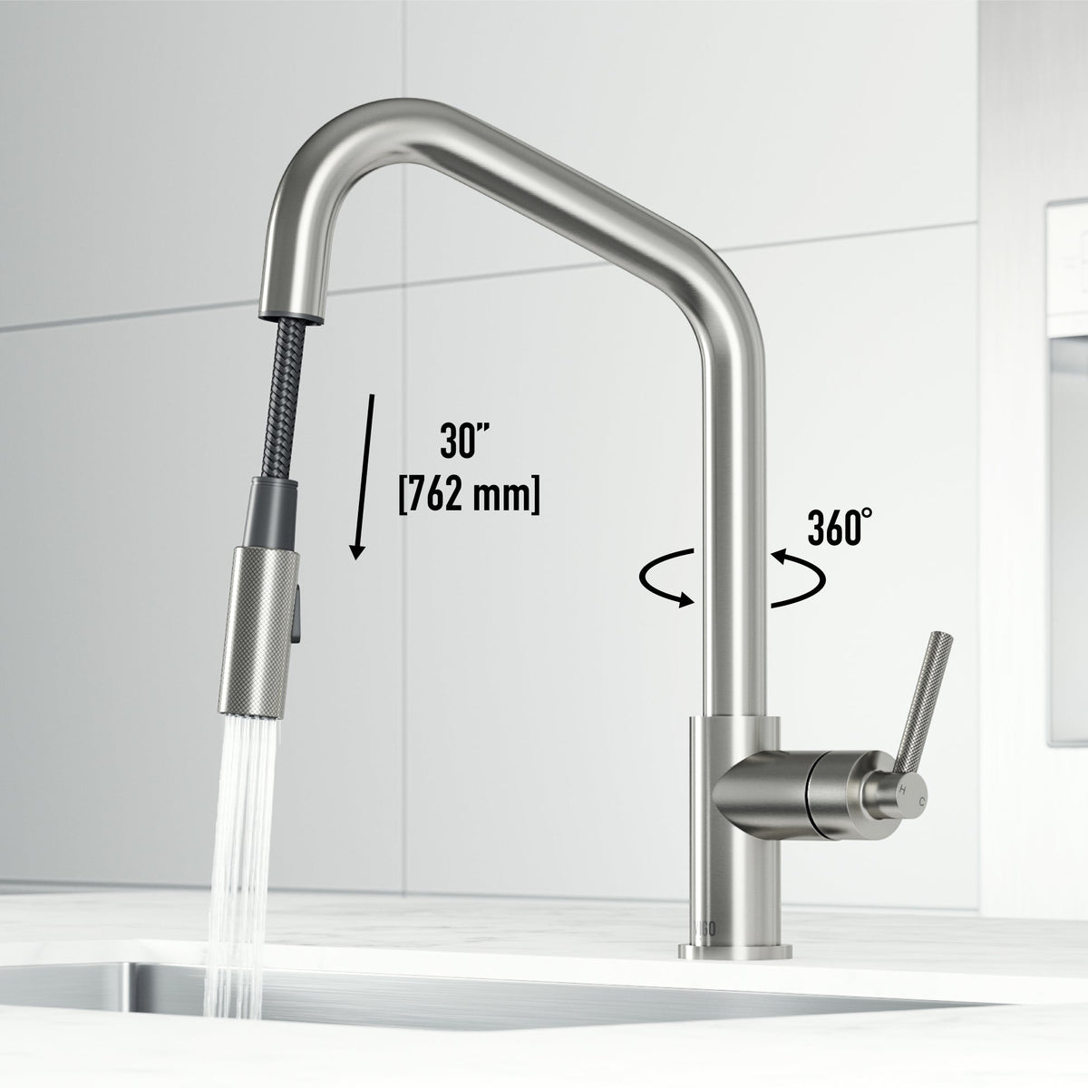Modern kitchen faucet with 15-inch assembled height and stainless steel finish