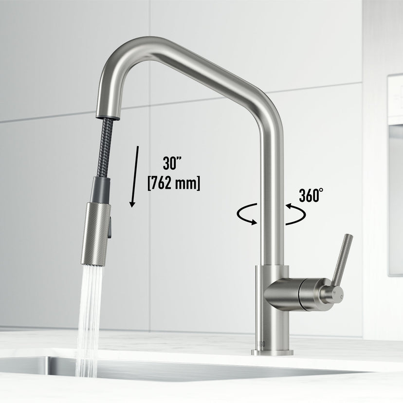 Modern kitchen faucet with 15-inch assembled height and stainless steel finish