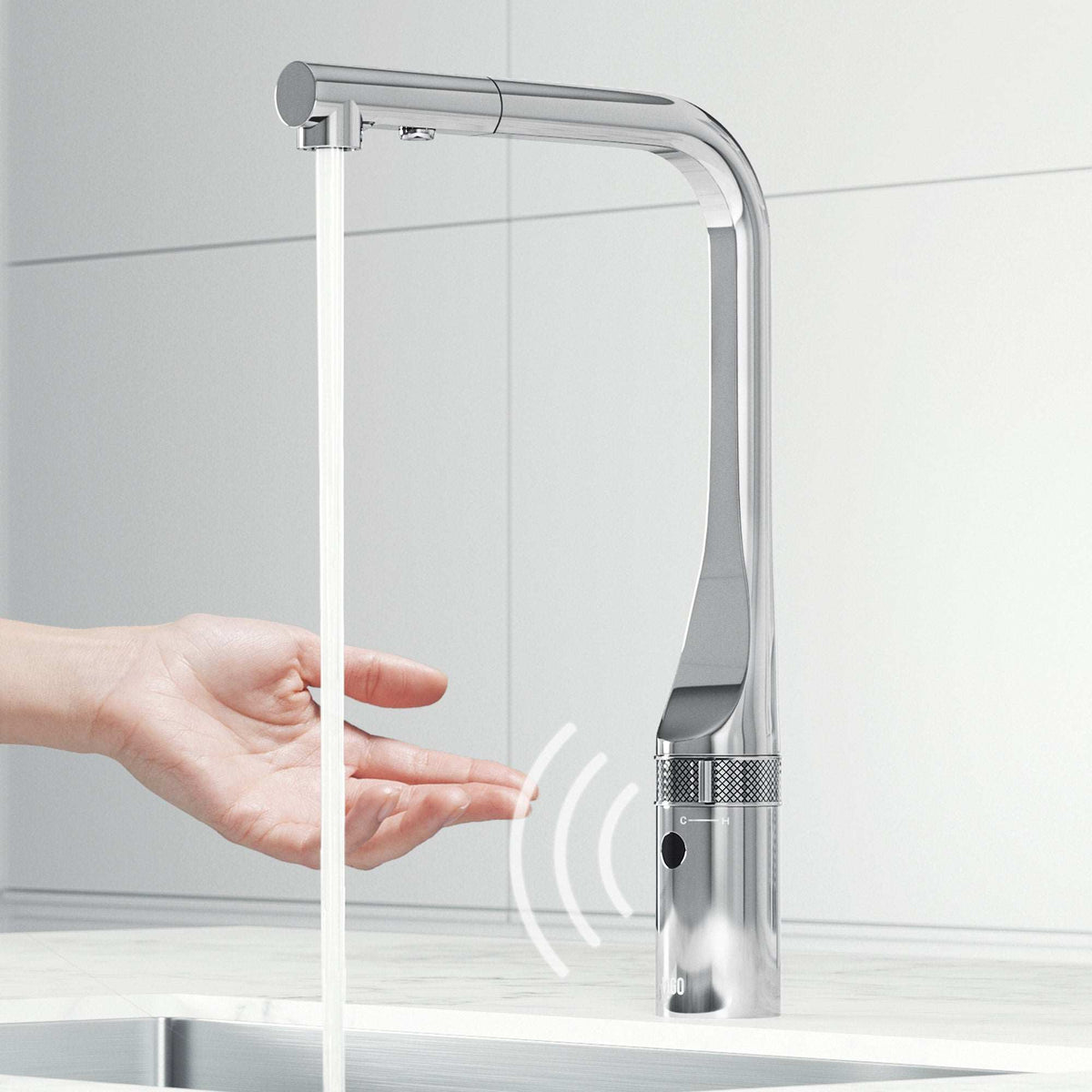 VIGO Jewel Touchless Kitchen Faucet in chrome with motion sensor and pull-out hose for modern kitchens