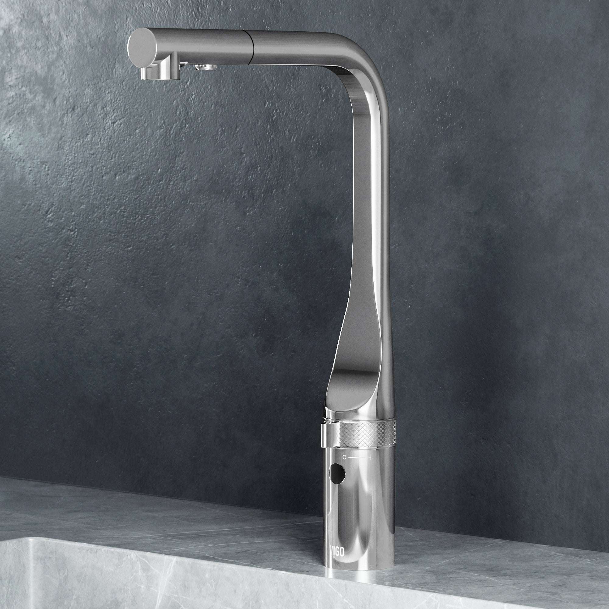 Chrome pull-out kitchen faucet with high-arc spout and 360-degree swivel