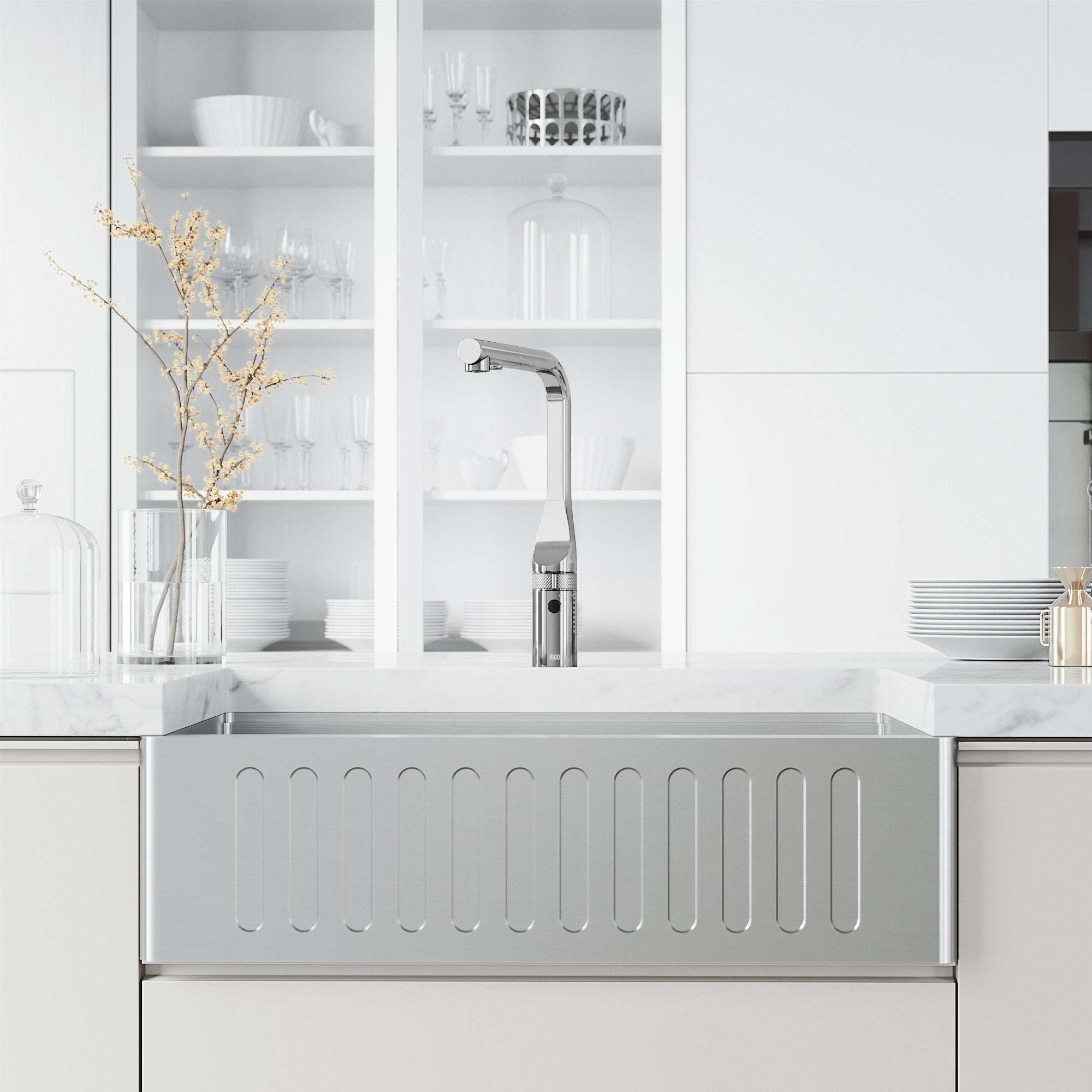 Chrome finish brass faucet with high-arc spout and touchless activation