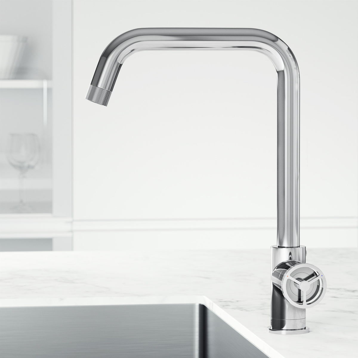 Chrome single handle kitchen faucet with high-arc gooseneck spout and 360-degree swivel