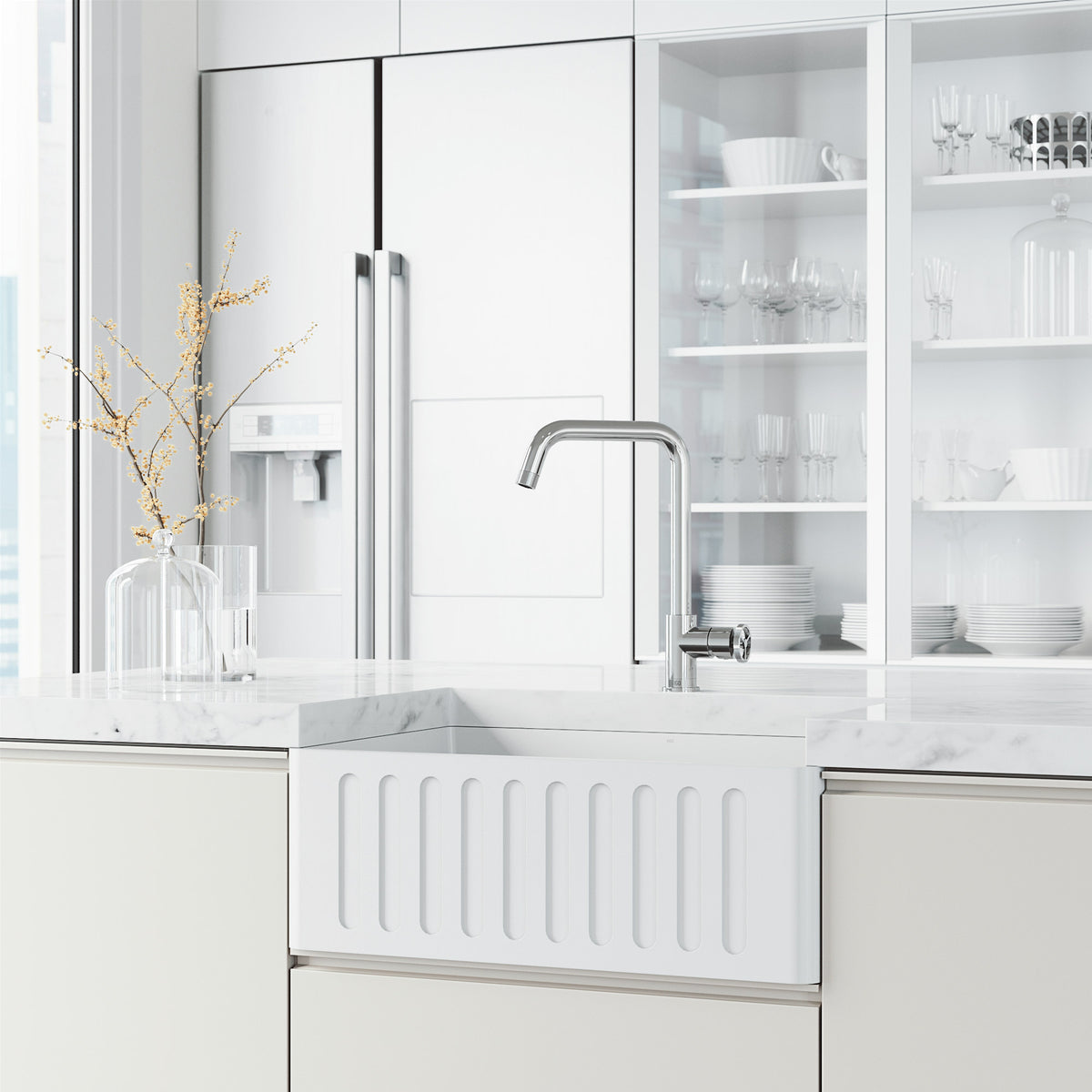 Water-efficient kitchen bar faucet with ceramic disk valve and pre-rinse function