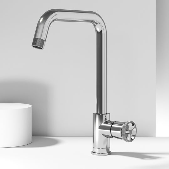 High-arc chrome kitchen faucet with ceramic disc cartridge and compression fittings