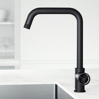 Matte black single handle kitchen faucet with high-arc gooseneck spout and swivel function