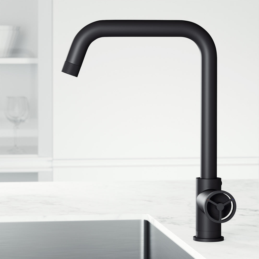 Matte black single handle kitchen faucet with high-arc gooseneck spout and swivel function