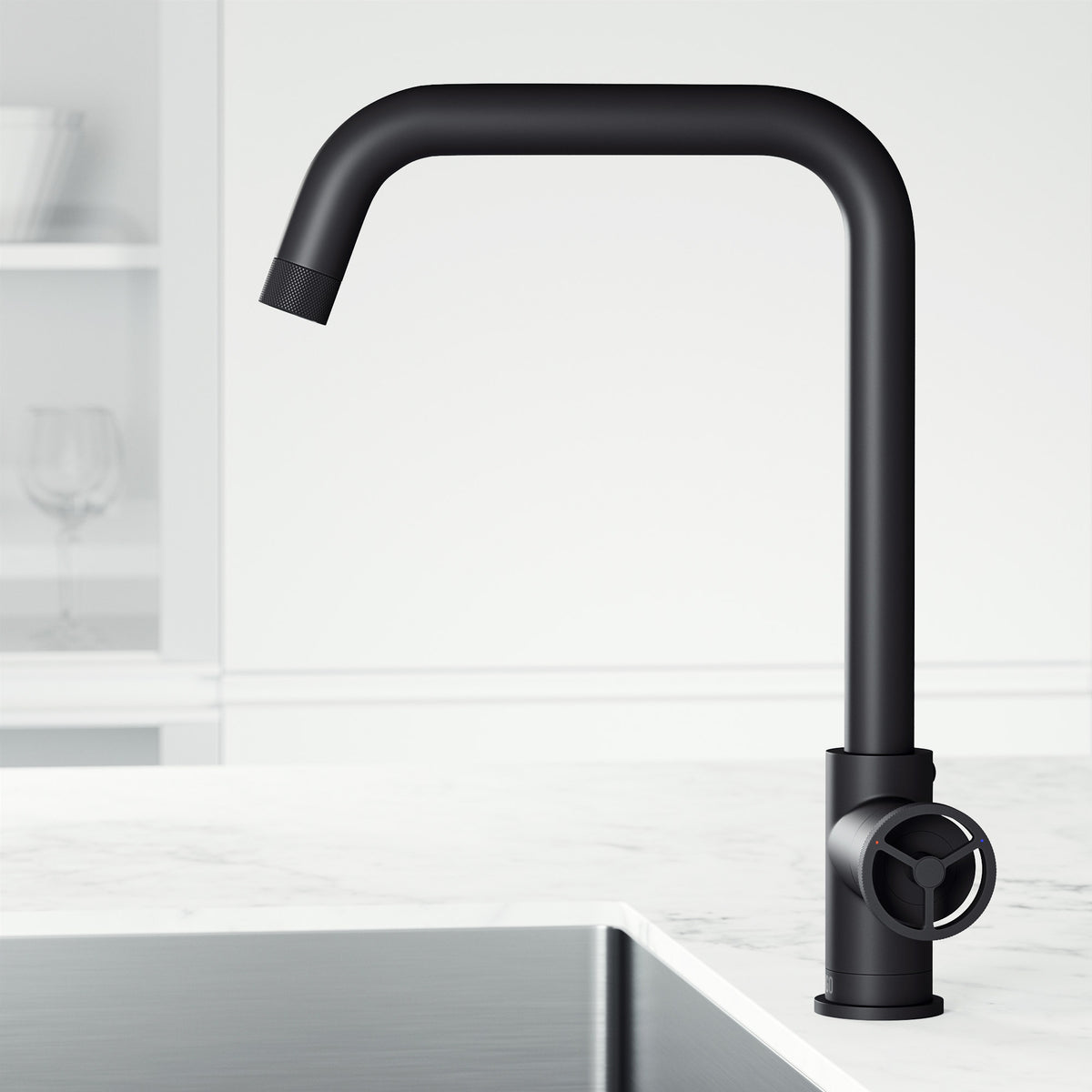 Matte black single handle kitchen faucet with high-arc gooseneck spout and swivel function