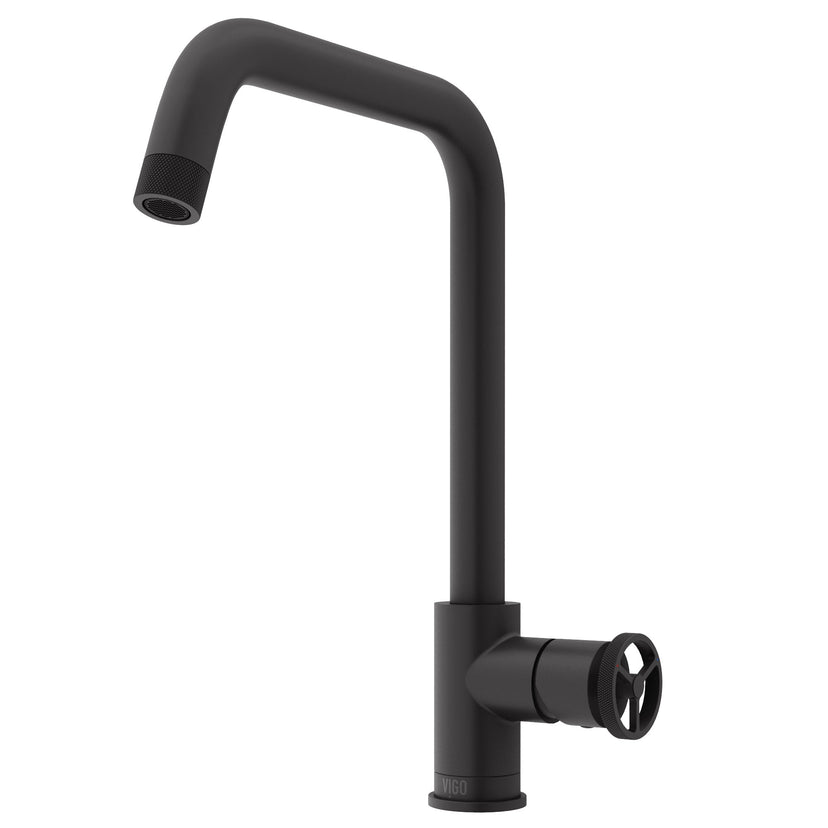 Matte black modern kitchen faucet with lever handle and included mounting hardware