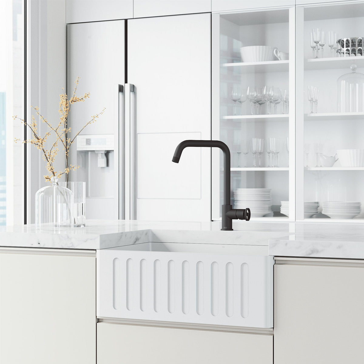Water-efficient kitchen bar faucet with ceramic disk valve and pre-rinse capability