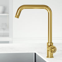 Matte brushed gold single handle kitchen faucet with high-arc gooseneck spout and swivel