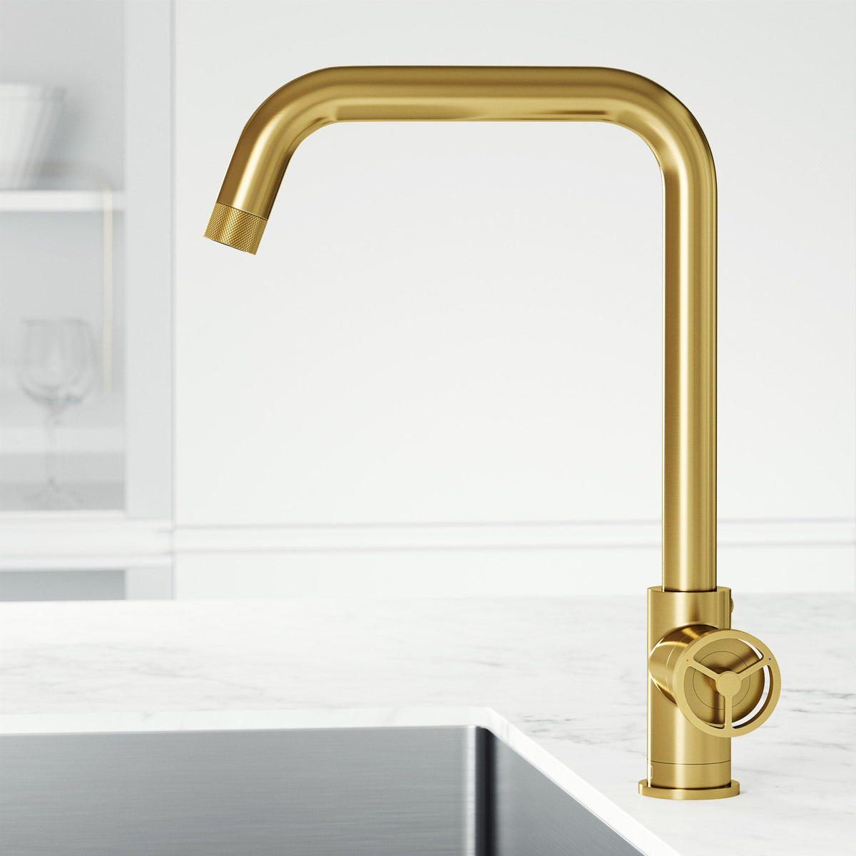 Matte brushed gold single handle kitchen faucet with high-arc gooseneck spout and swivel