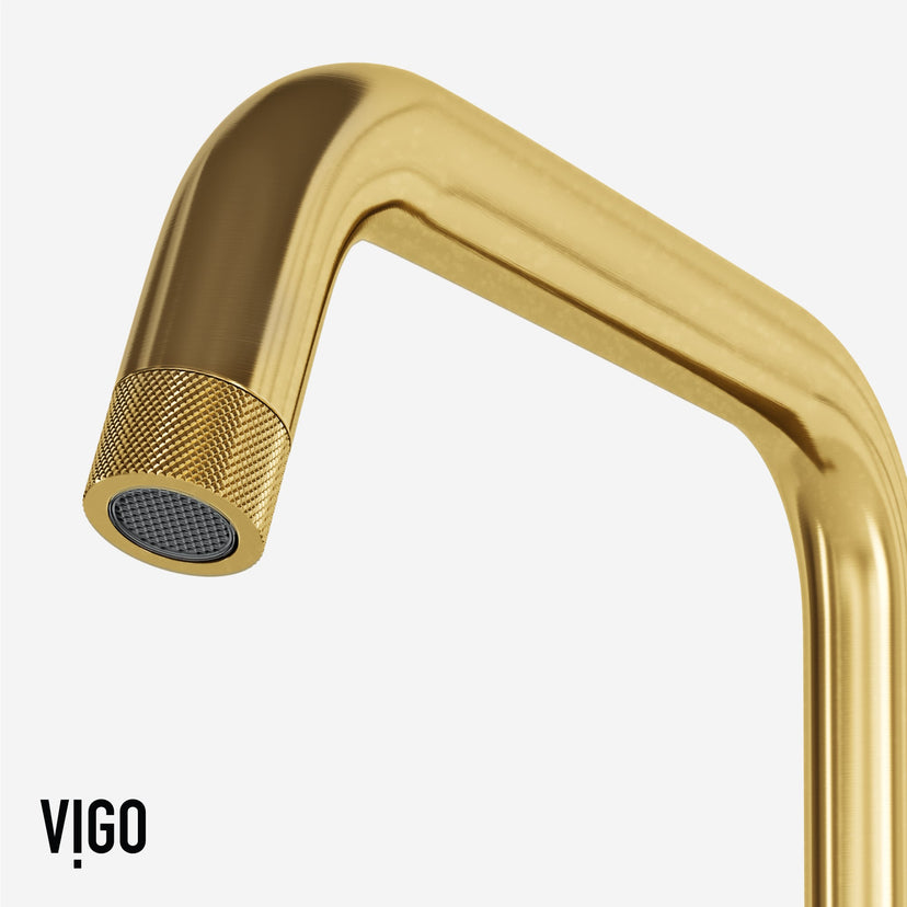 Single handle deck-mounted faucet in matte brushed gold with high-arc spout