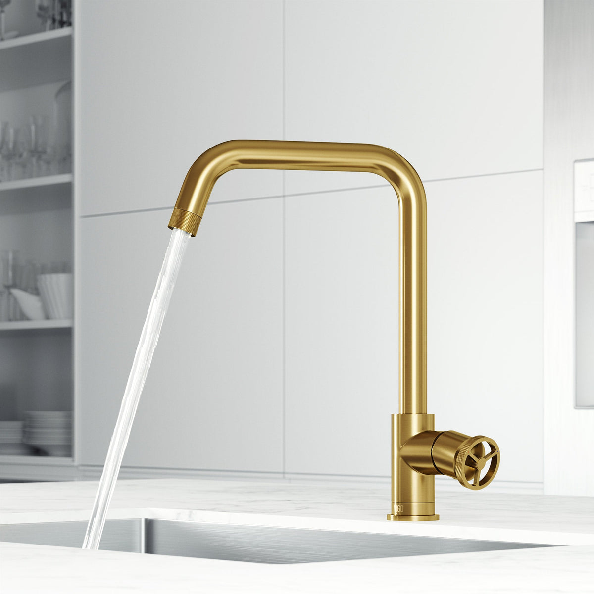 Modern deck-mounted kitchen faucet in matte brushed gold with lever handle and docking