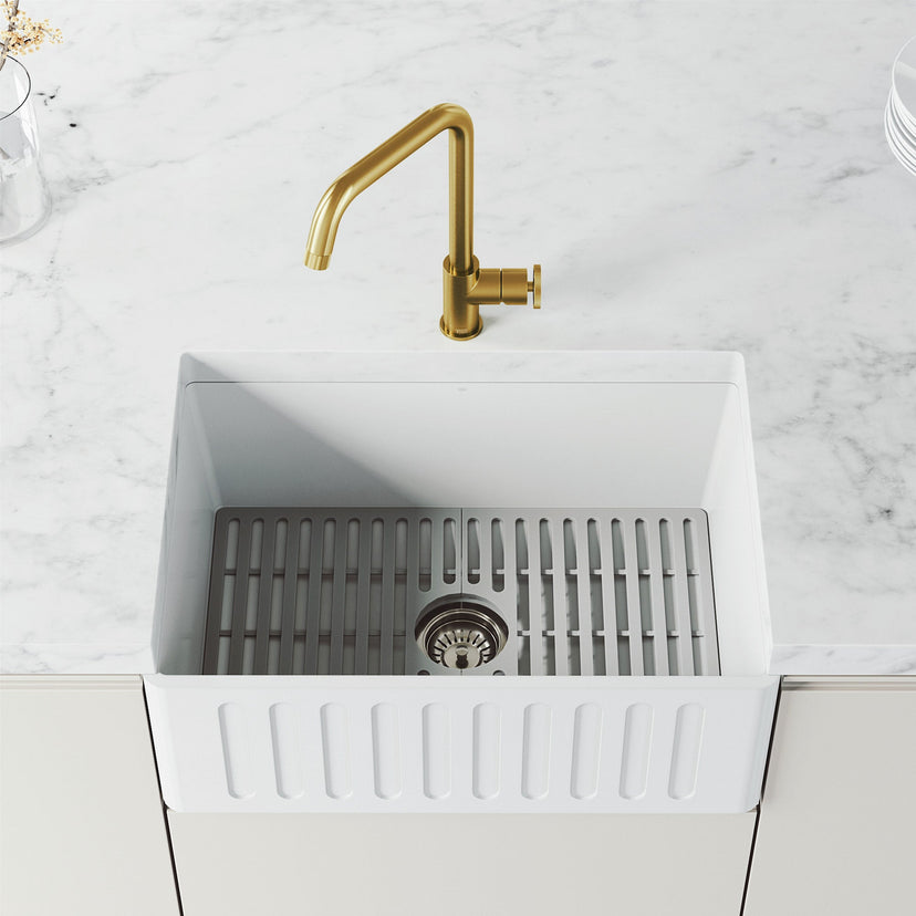 Matte brushed gold kitchen faucet with lever handle and 360-degree swivel spout