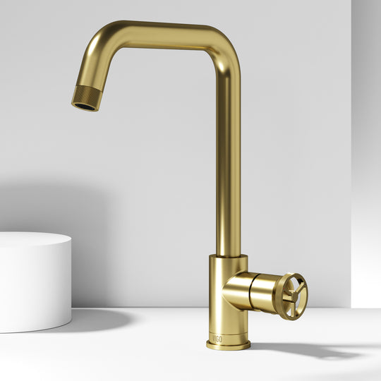 High-arc brushed gold kitchen faucet with ceramic disc cartridge and compression fittings