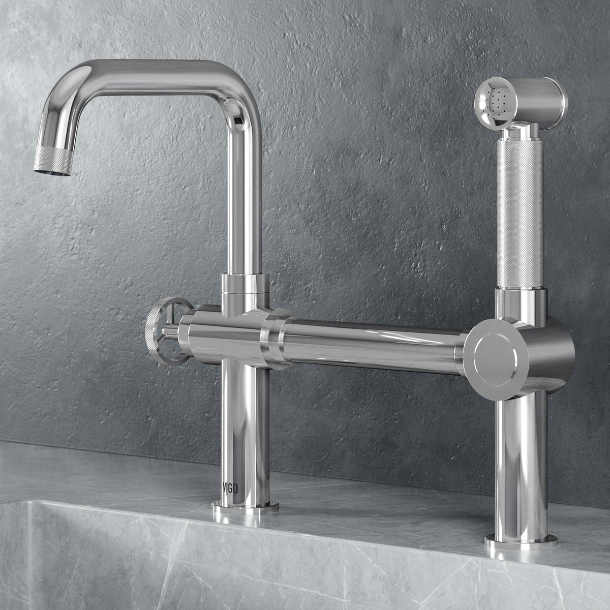 Modern Cass kitchen faucet with pull-out sprayer in chrome finish and industrial bridge design