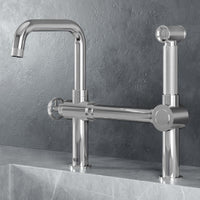 Modern Cass kitchen faucet with pull-out sprayer in chrome finish and industrial bridge design
