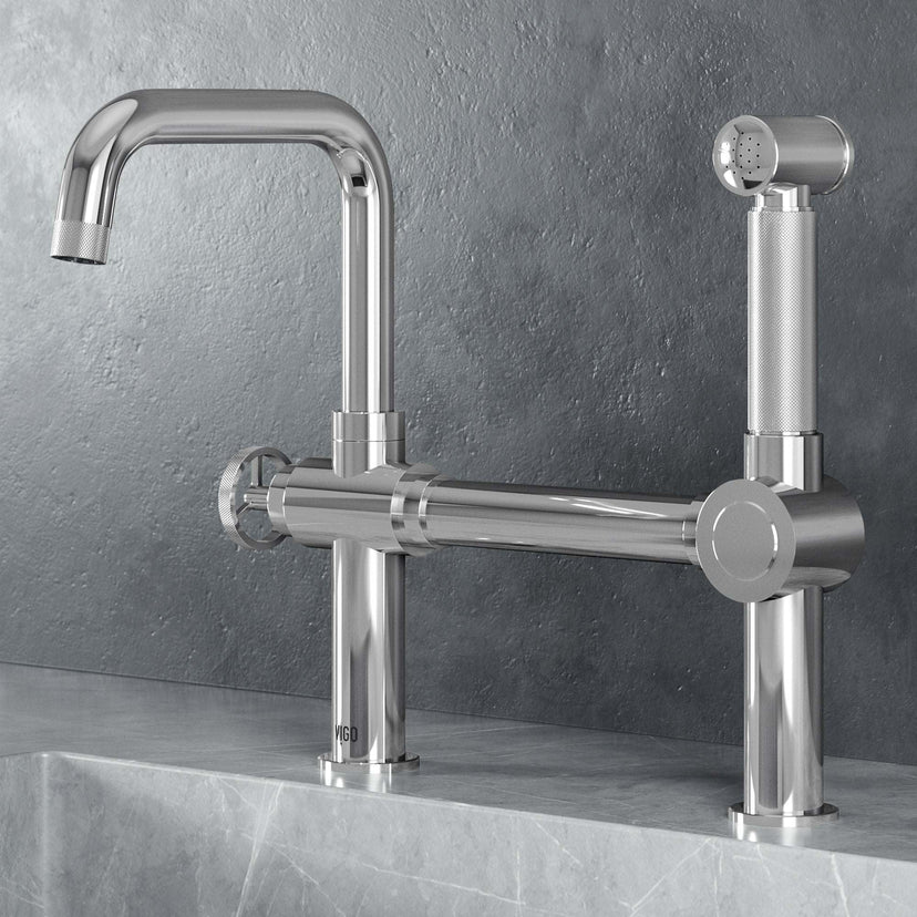 Modern Cass kitchen faucet with pull-out sprayer in chrome finish and industrial bridge design