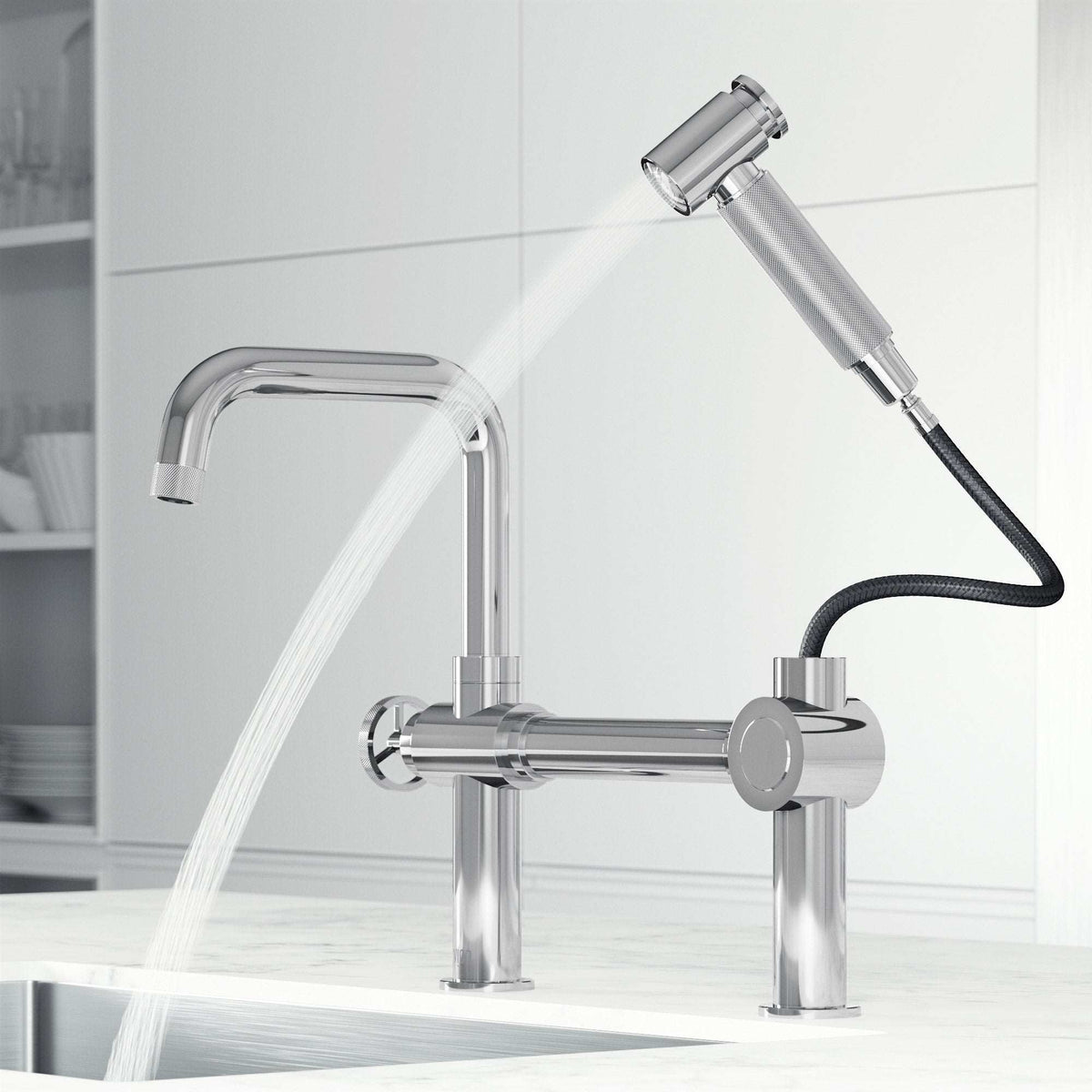VIGO Cass kitchen faucet with pull-out side sprayer in chrome finish and bridge design