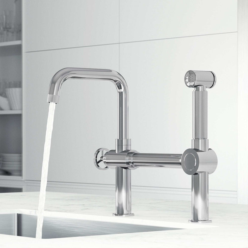 VIGO Cass Chrome Kitchen Faucet with Pull-Out Side Sprayer and Industrial Bridge Design