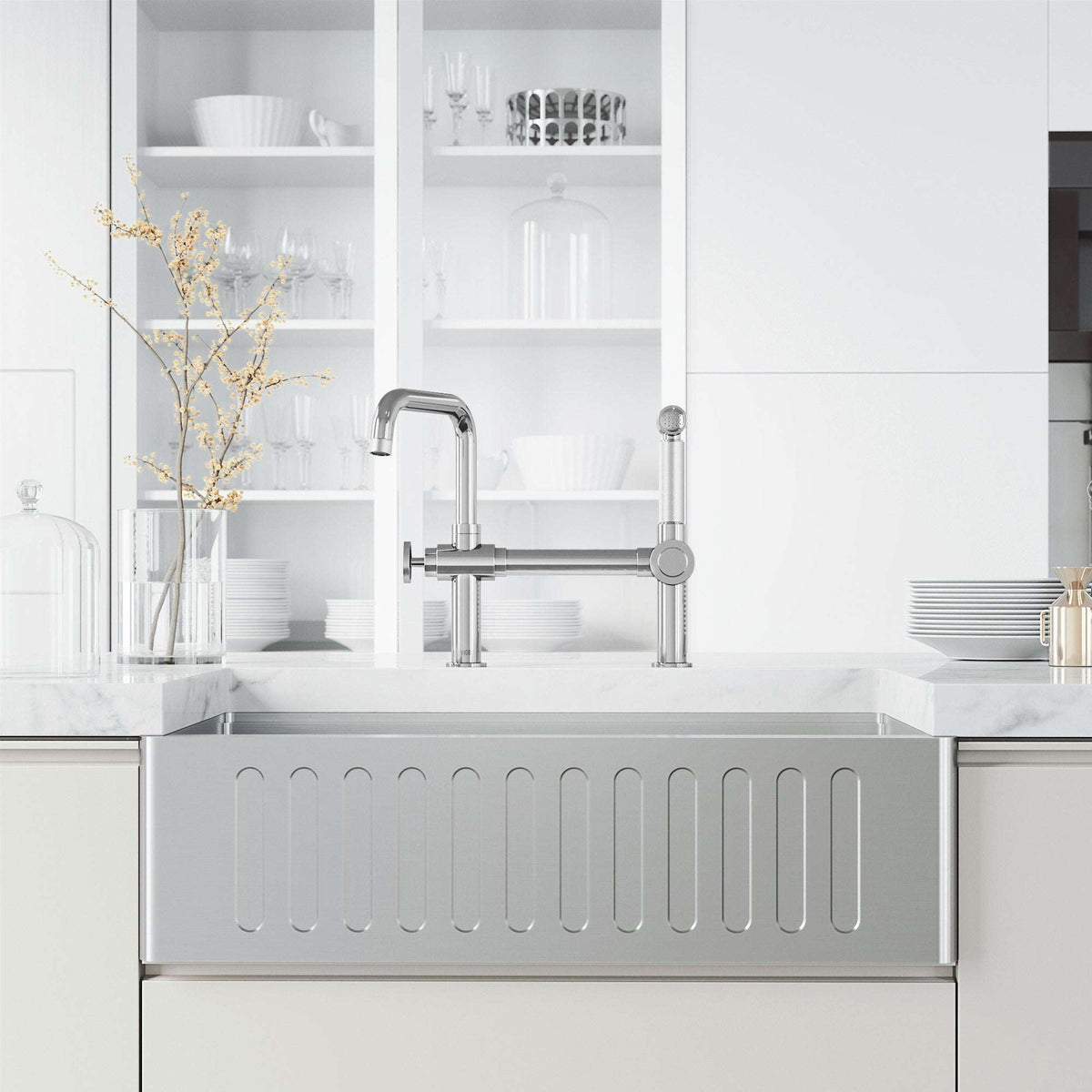 VIGO Cass Kitchen Faucet with Sprayer in chrome with bridge design and pull-out side sprayer
