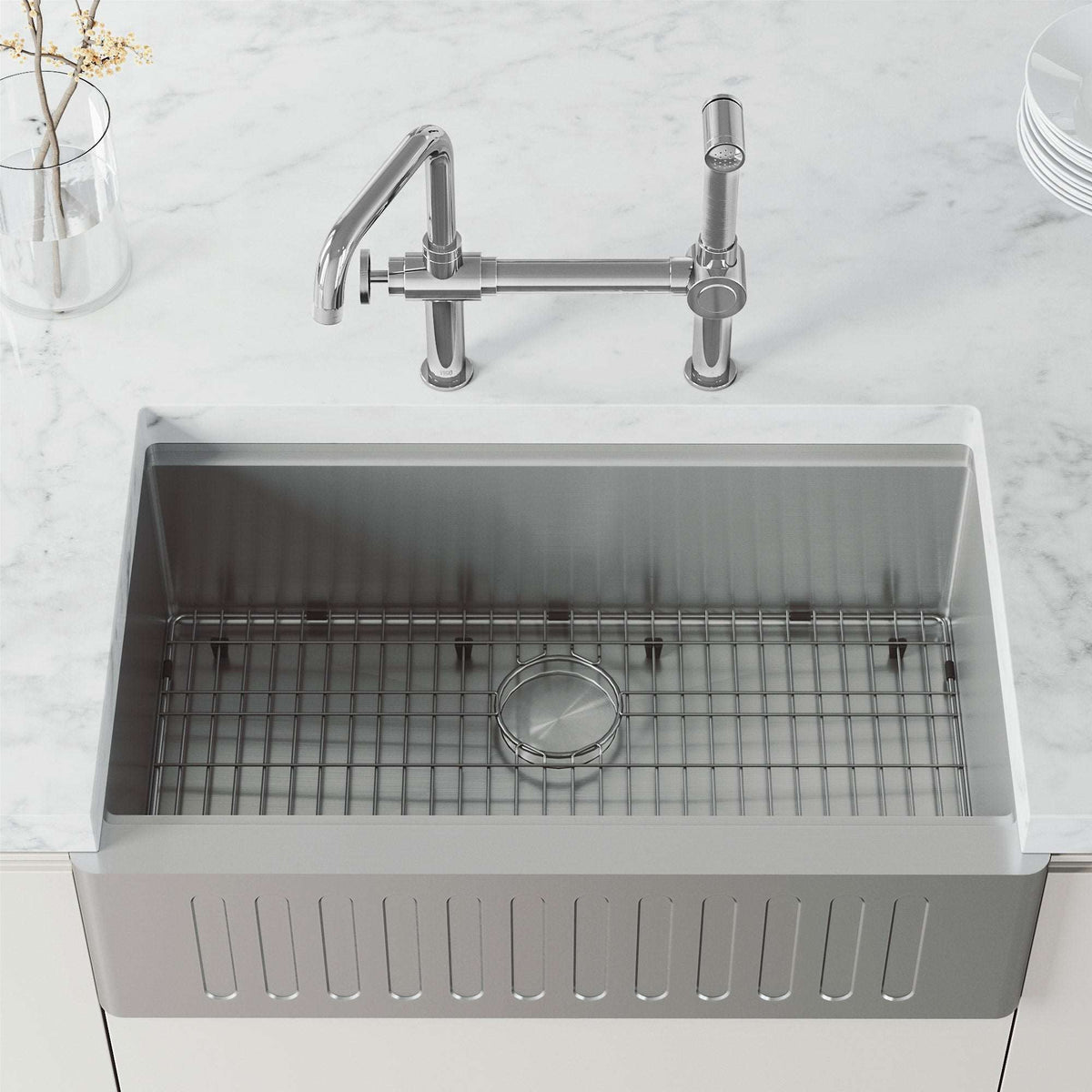 VIGO Cass Kitchen Faucet with Pull-Out Sprayer in Chrome with bridge design and high-arc swivel spout