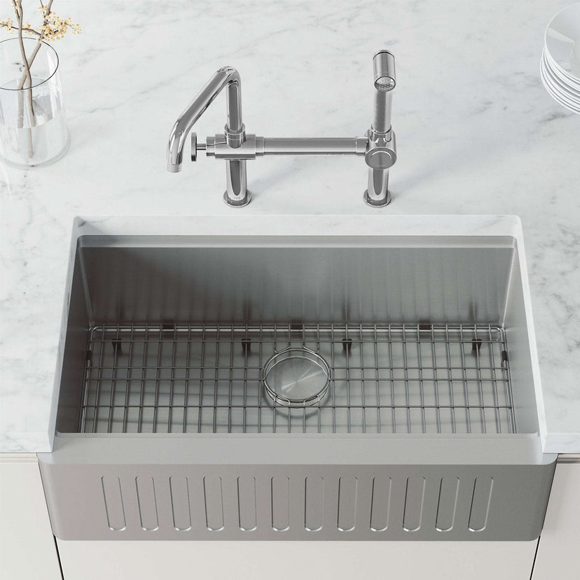 VIGO Cass Kitchen Faucet with Pull-Out Sprayer in Chrome with bridge design and high-arc swivel spout