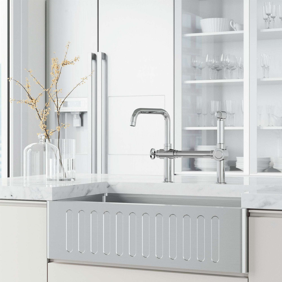 VIGO Cass Kitchen Faucet with Sprayer in chrome finish featuring a high-arc swivel spout and pull-out side sprayer