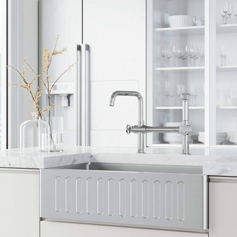VIGO Cass Kitchen Faucet with Sprayer in chrome finish featuring a high-arc swivel spout and pull-out side sprayer