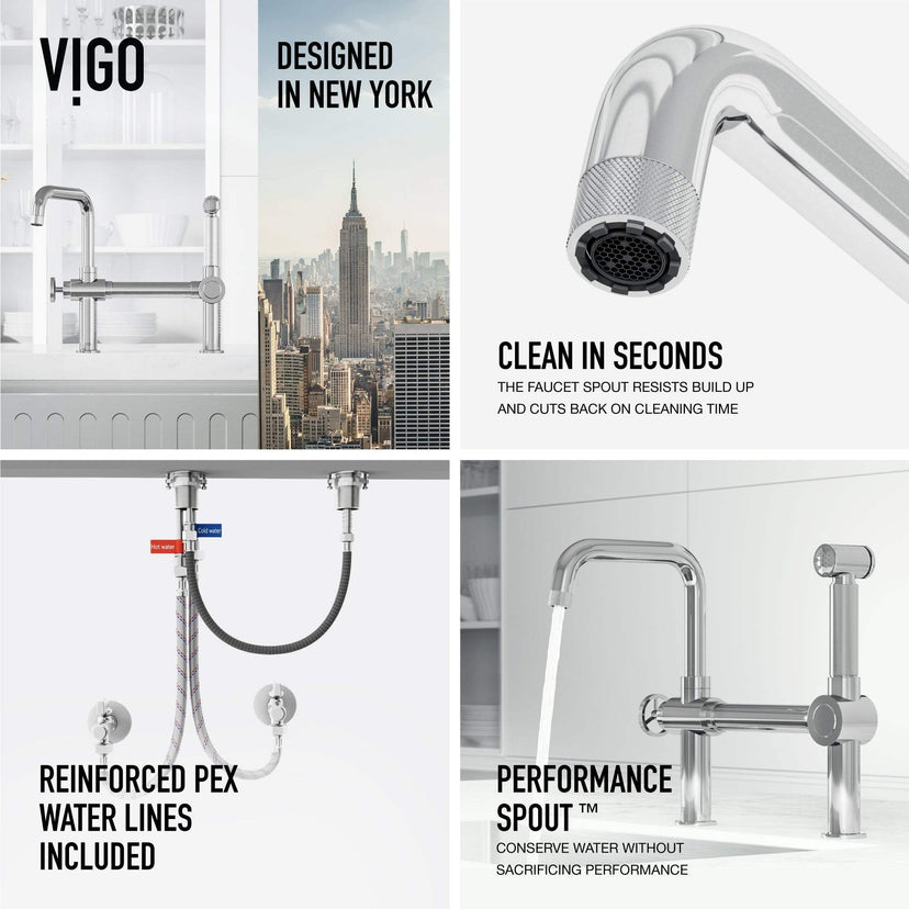 Chrome Cass Kitchen Faucet with spray handle and high-arc spout showing industrial bridge design