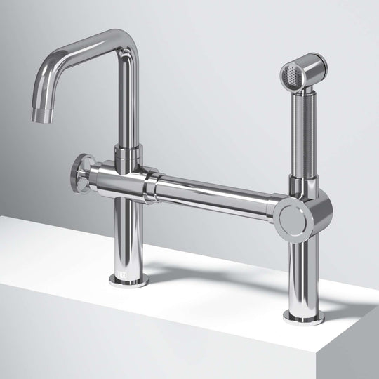 Chrome kitchen faucet with pull-out sprayer and bridge design